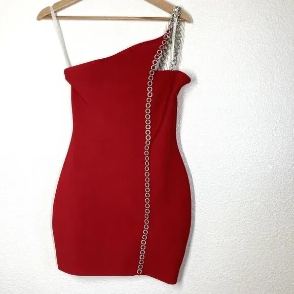 Revolve H’ours Aisha Red One-Shoulder Rhinestone strap cocktail Dress, size 4 - Picture 4 of 7